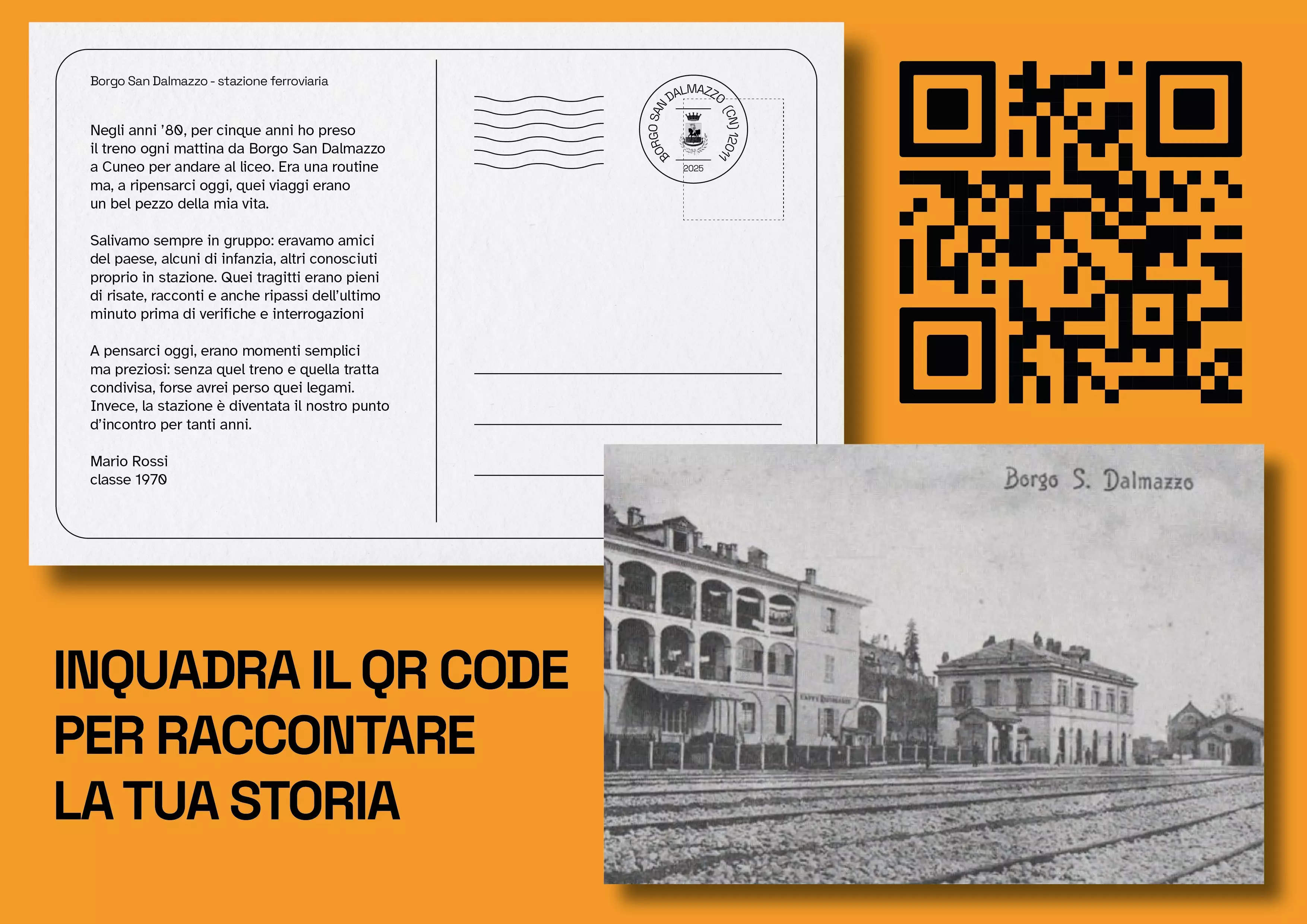 La cartolina del progetto con il QR Code per l'invio della propria storia