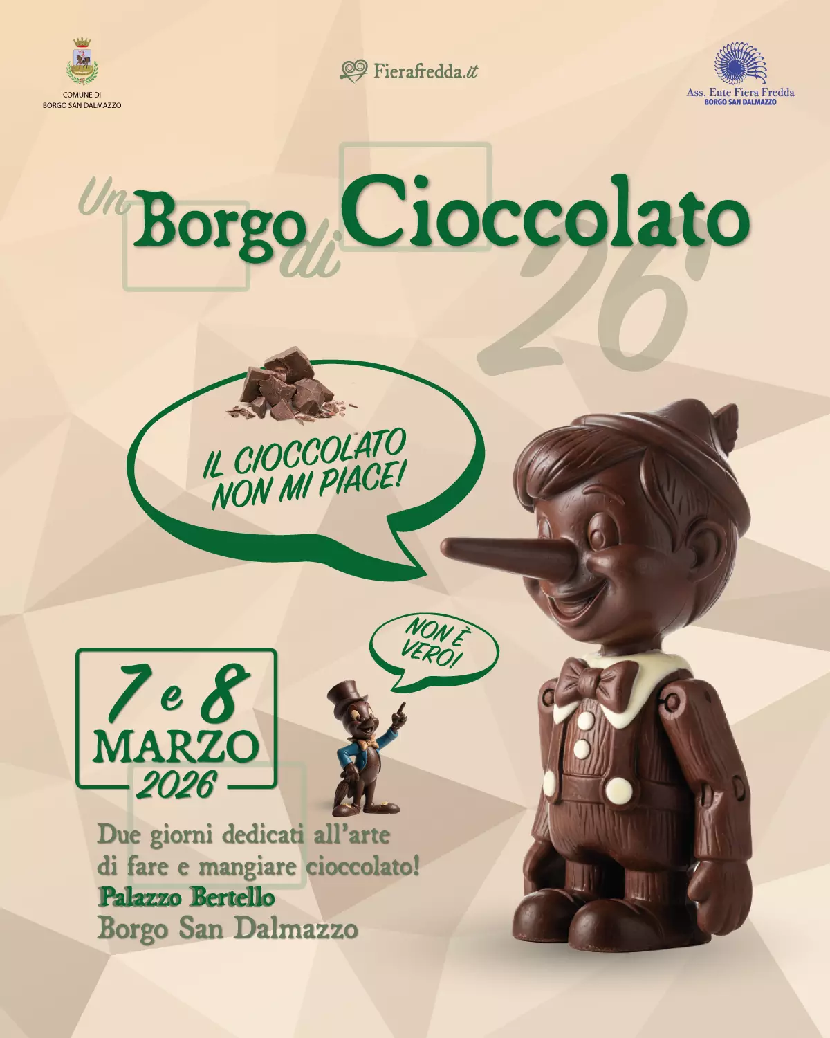 Il manifesto, dedicato a Pinocchio di Carlo Collodi, di Un Borgo di Cioccolato 2026